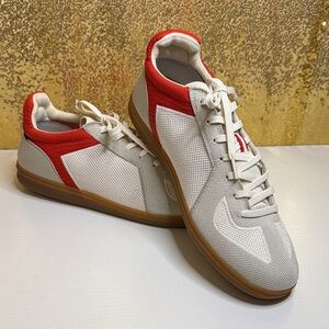 Rothy's The RS01  Men's Sneakers in an off White and Red colorway with gum sole